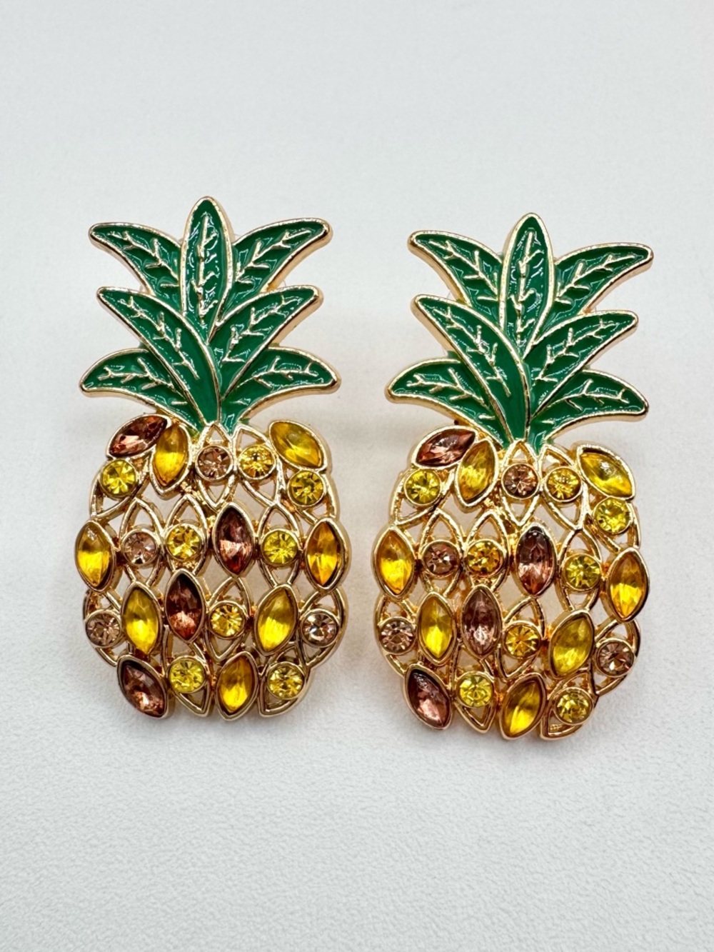 Sugarfix Rhinestone Pineapple Drop Earrings Tropical Fruit Signed Whimsical Cute